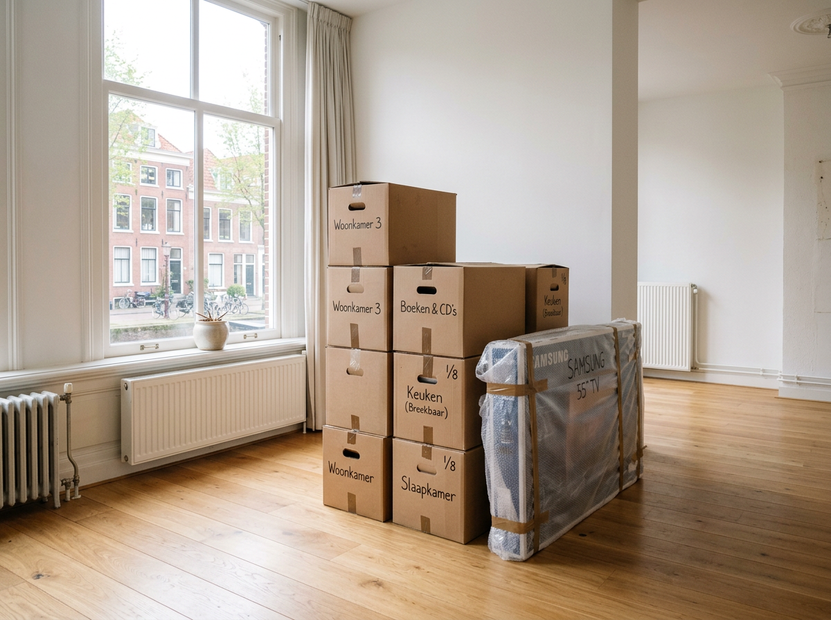 Netjes gestapelde verhuisdozen en een ingepakte tv in een lichte woonkamer
