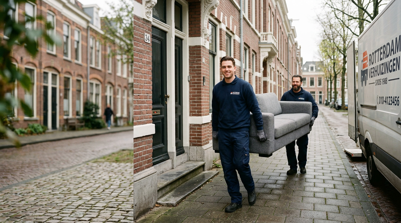 Twee verhuizers dragen een bank uit een Rotterdams huis naar de verhuisbus
