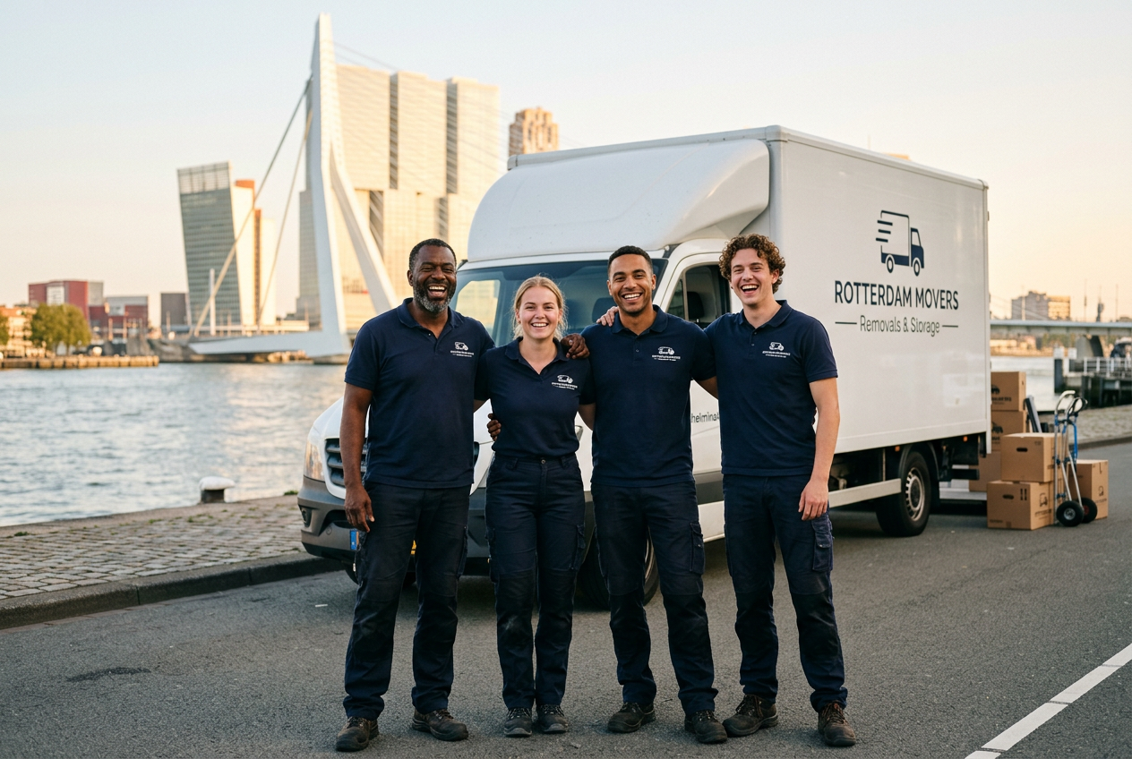 Ons team van vier verhuizers voor de verhuisbus in Rotterdam